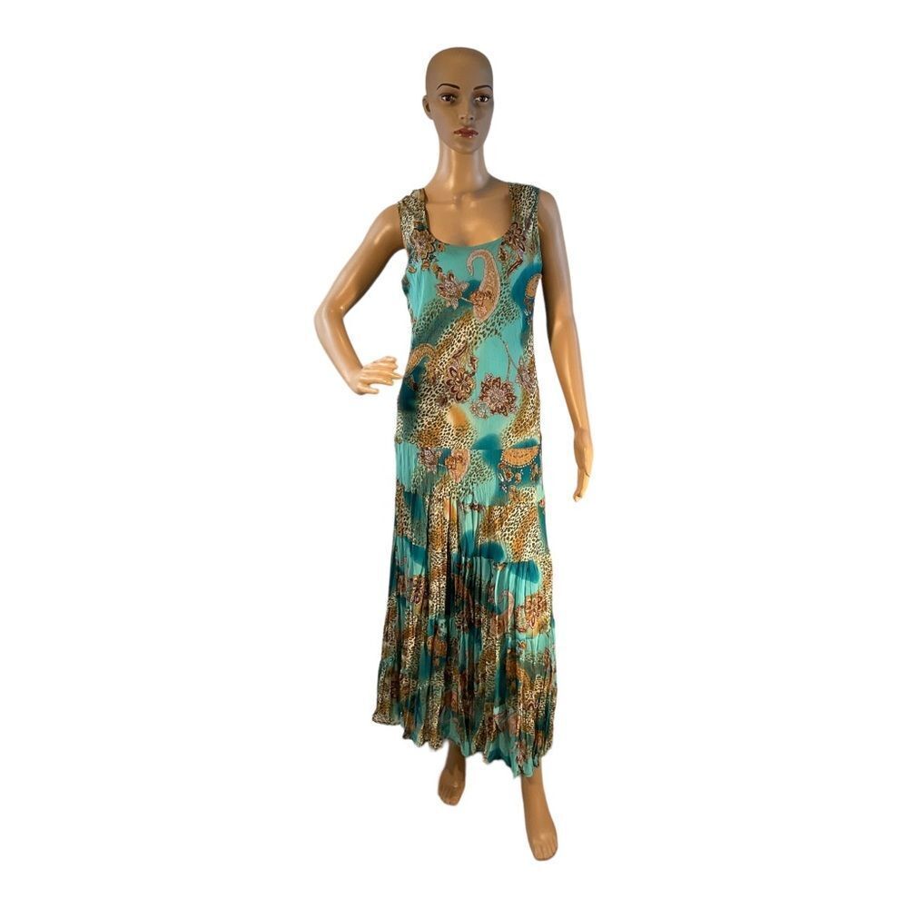 SHARON MAX Vintage Women’s Blue Print Flower Long Sleeveless Shift Dress Size XL